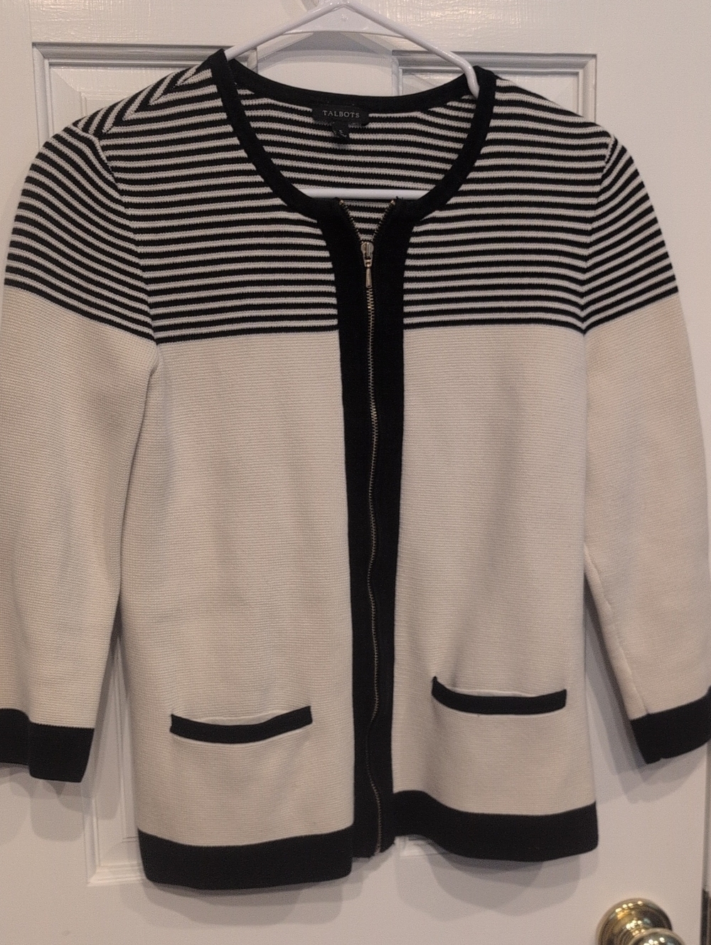 Talbots Black & White Striped Zip-Front Blazer Jacket